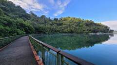 藍天白雲與綠樹倒映在湖面上